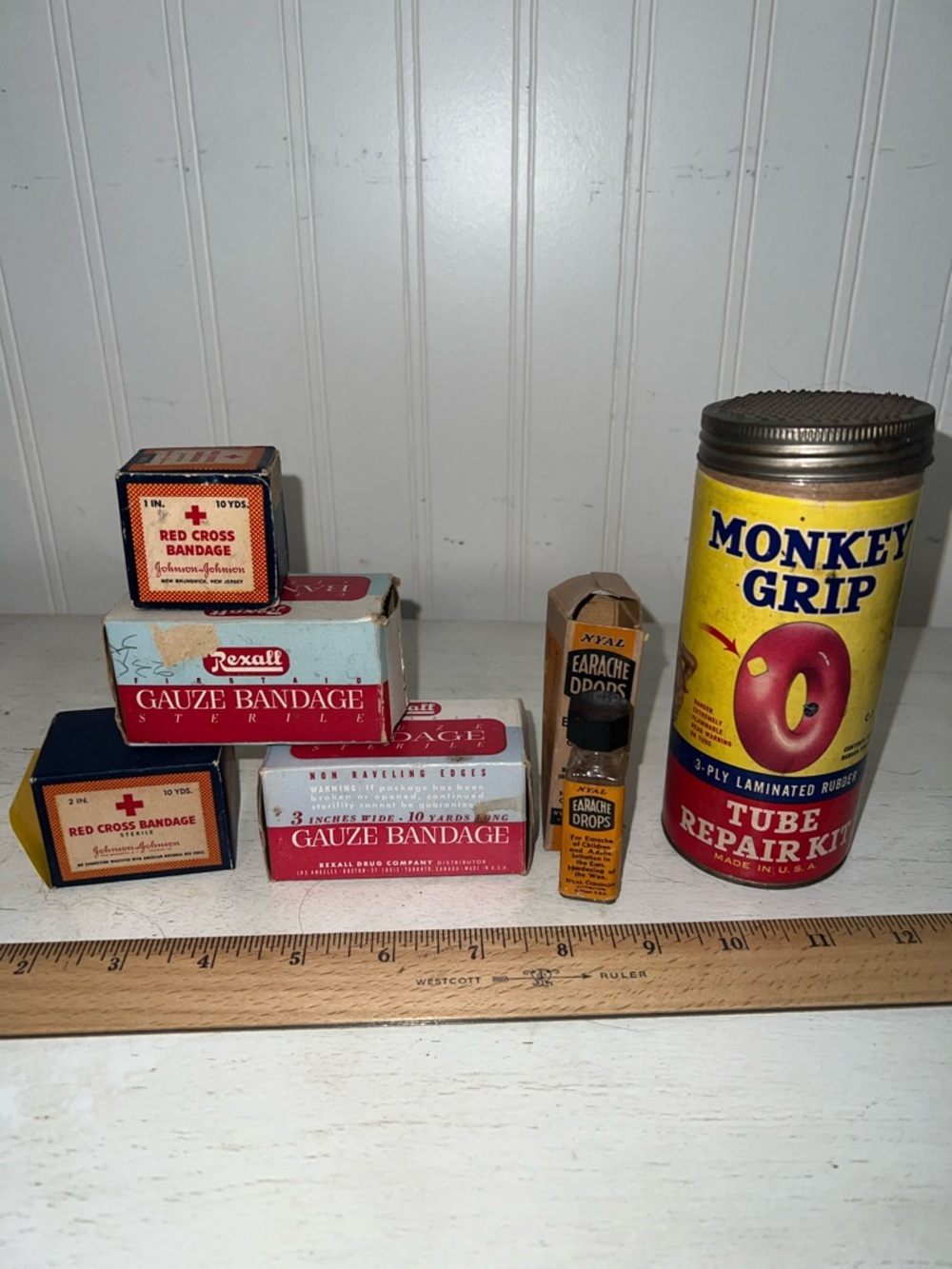 Lot Antique Vintage Rexall gauze Red Cross bandage Monkey grip old tins